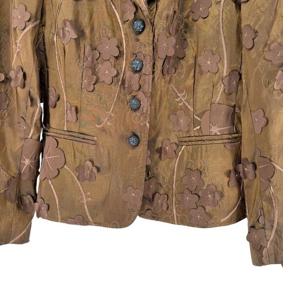 Town And Travel Blazer Brown 3D Floral Shimmer Size M Art To Wear Four Button - Picture 3 of 8
